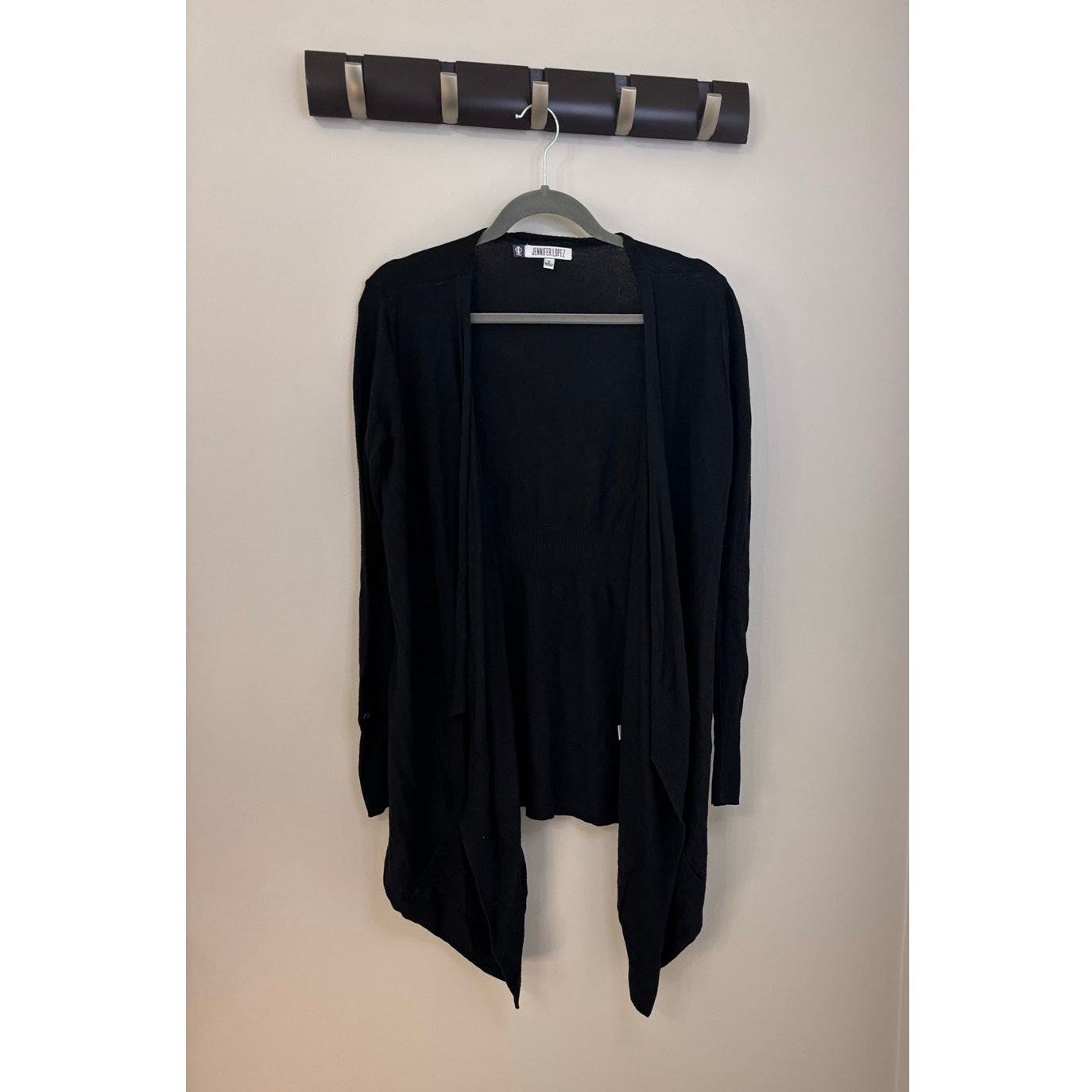 Jennifer Lopez Cotton/Rayon Black Open-Front Sweater,Waterfall Drape Style Small